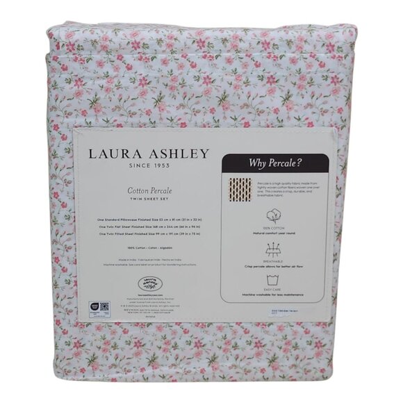 Laura Ashley Twin Cotton Percale Floral Sheet Set Pink Green Flowers - Picture 3 of 8